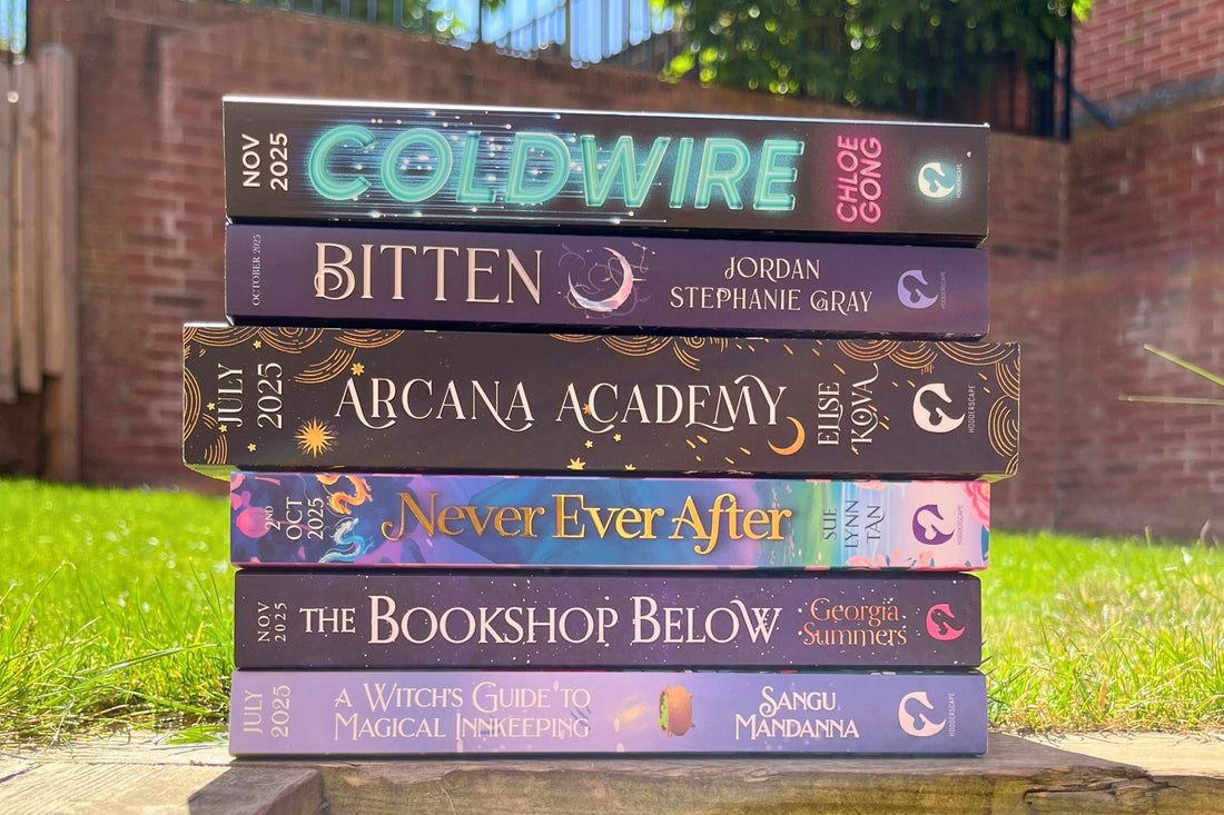 Proof bookstack, Cold Wire, Bitten, Arcana Academy, Never Ever After, The Bookshop Below, A Witch's Guide to Magical Innkeeping